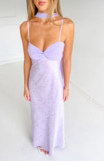 Front view of a lilac floral satin maxi dress with a twisted bust and matching neck scarf