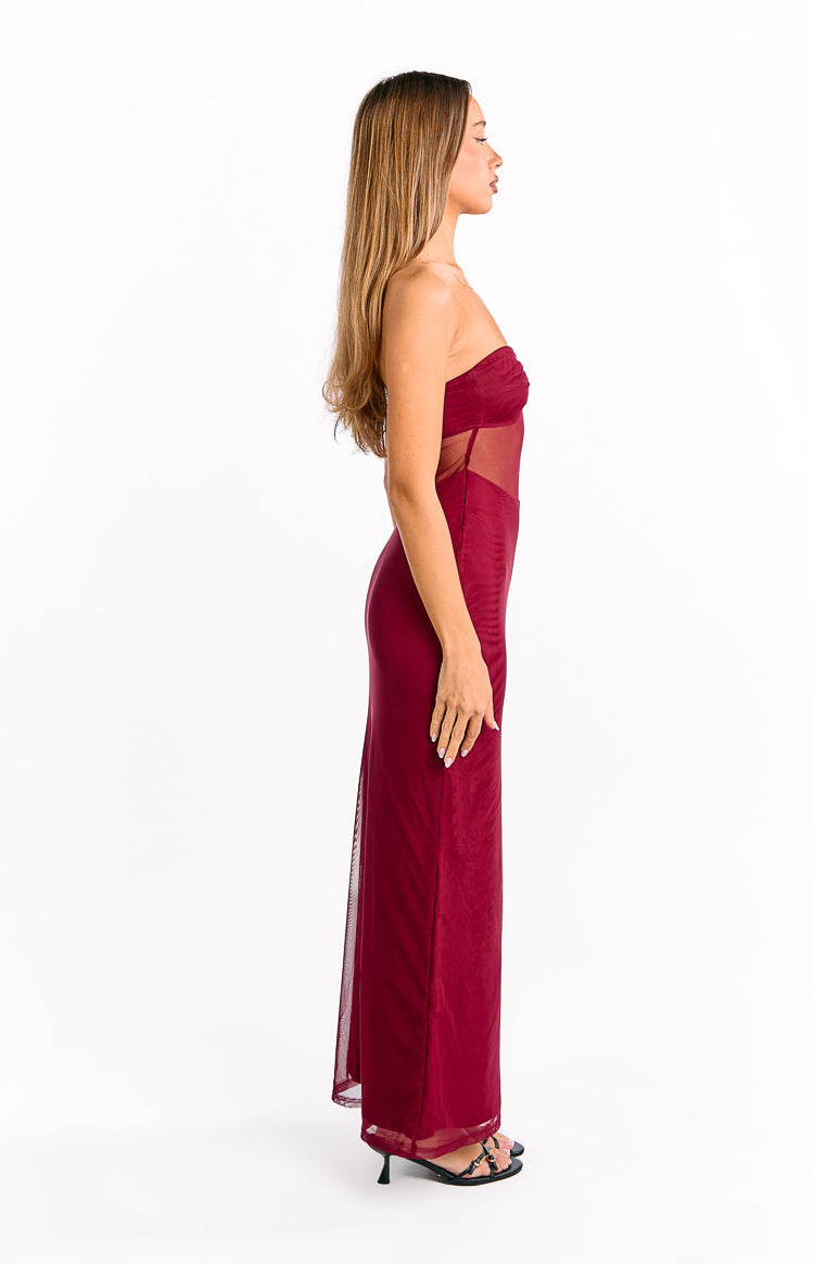 Ryker Wine Strapless Mesh Maxi Dress Image