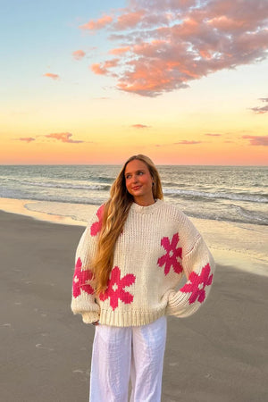 Beginning Boutique Ryver Cream Flower Knit Sweater cream knit oversized sweater with hot pink flower motifs, crew neck, ribbe