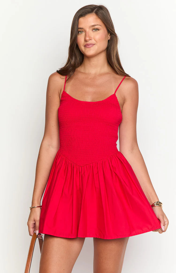 simple red mini dress The Red Boat Neck High Waisted Mini Dress