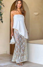 Beginning Boutique Sabella White and Blue Sequin Lace Maxi Skirt white sheer lace maxi skirt with blue sequin embellishments