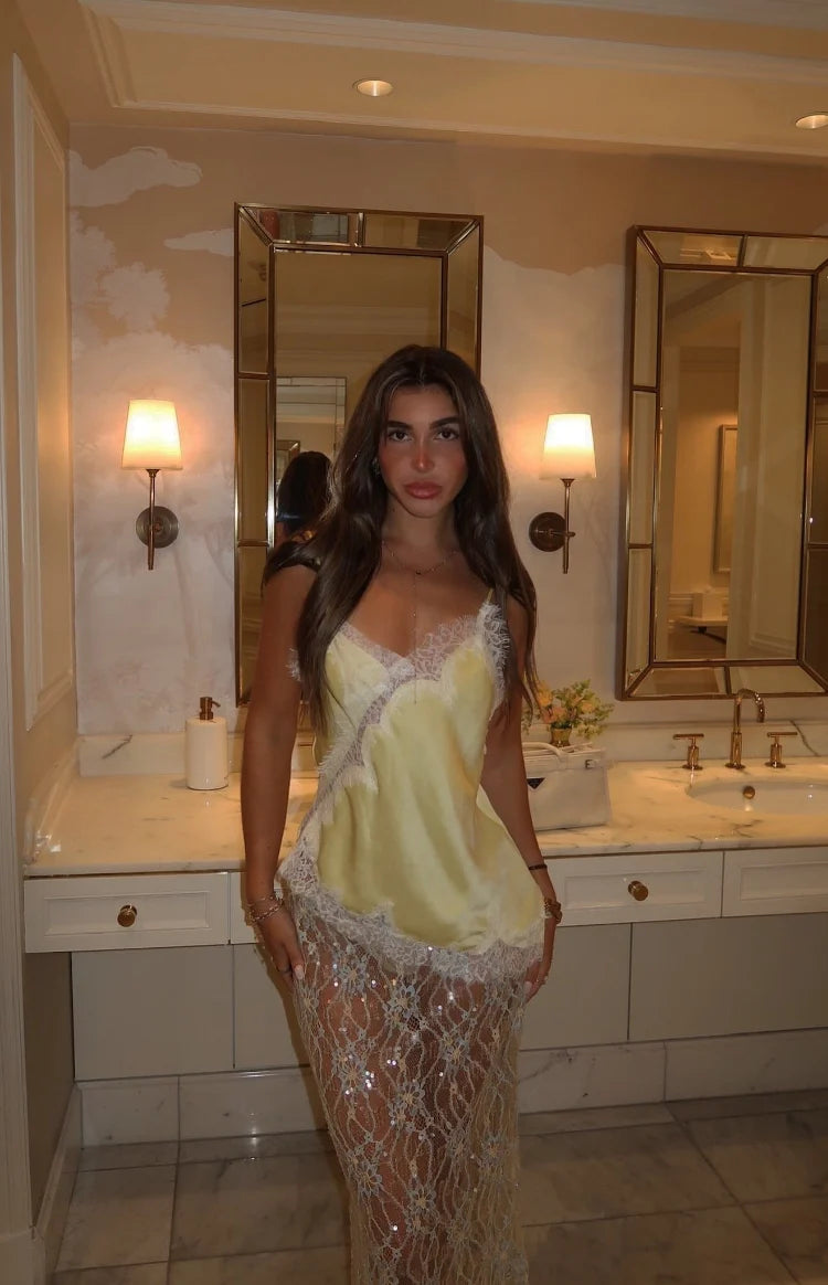 Sabella Pale Yellow Sequin Lace Maxi Skirt