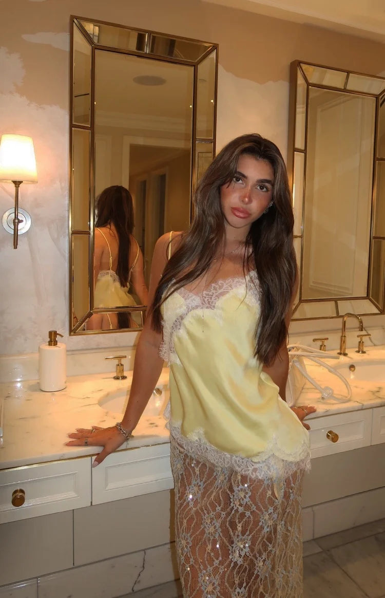Sabella Pale Yellow Sequin Lace Maxi Skirt