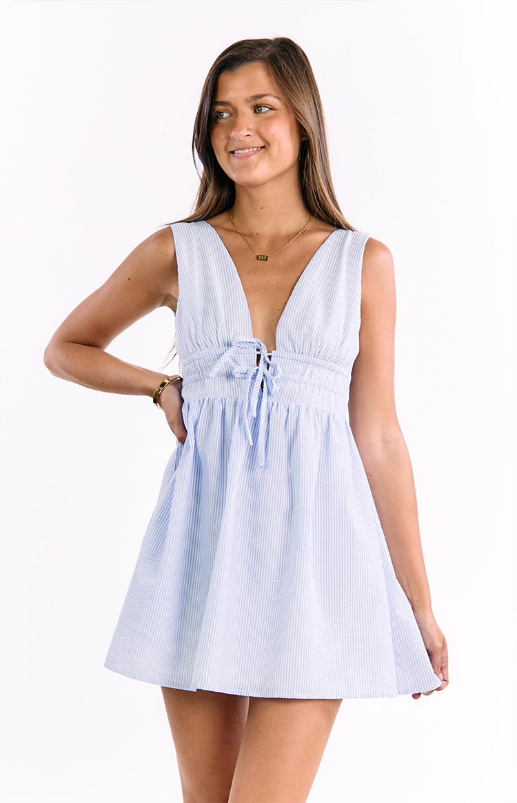 blue and white striped tie dress Saffron Blue Stripe Tie Mini Dress - 4