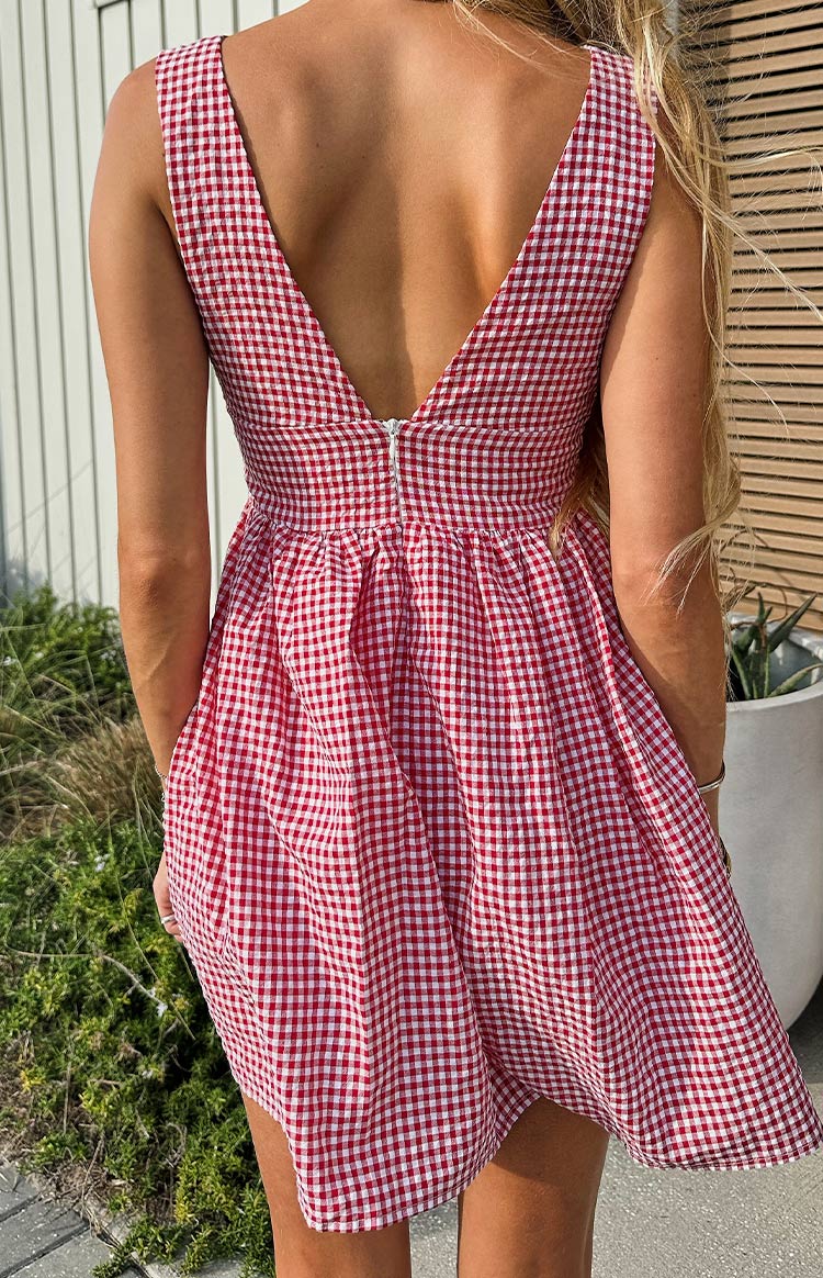 beginning boutique red gingham dress Rubi Red Gingham Babydoll Mini Dress - US 8
