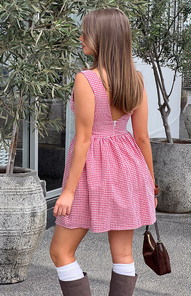 Saffron Red Gingham Tie Mini Dress