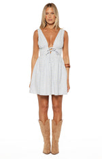 Front view of a blue and yellow gingham mini dress with a deep V-neckline, tie-front bust, and flared skirt