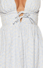 Close-up of the blue and white gingham mini dress showing the tie-front bust and white floral embroidery