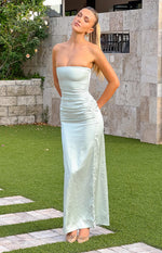 Sage Bloom Satin Strapless Maxi Dress | Beginning Boutique US Sage Bloom Satin Strapless Maxi Dress | Beginning Boutique US