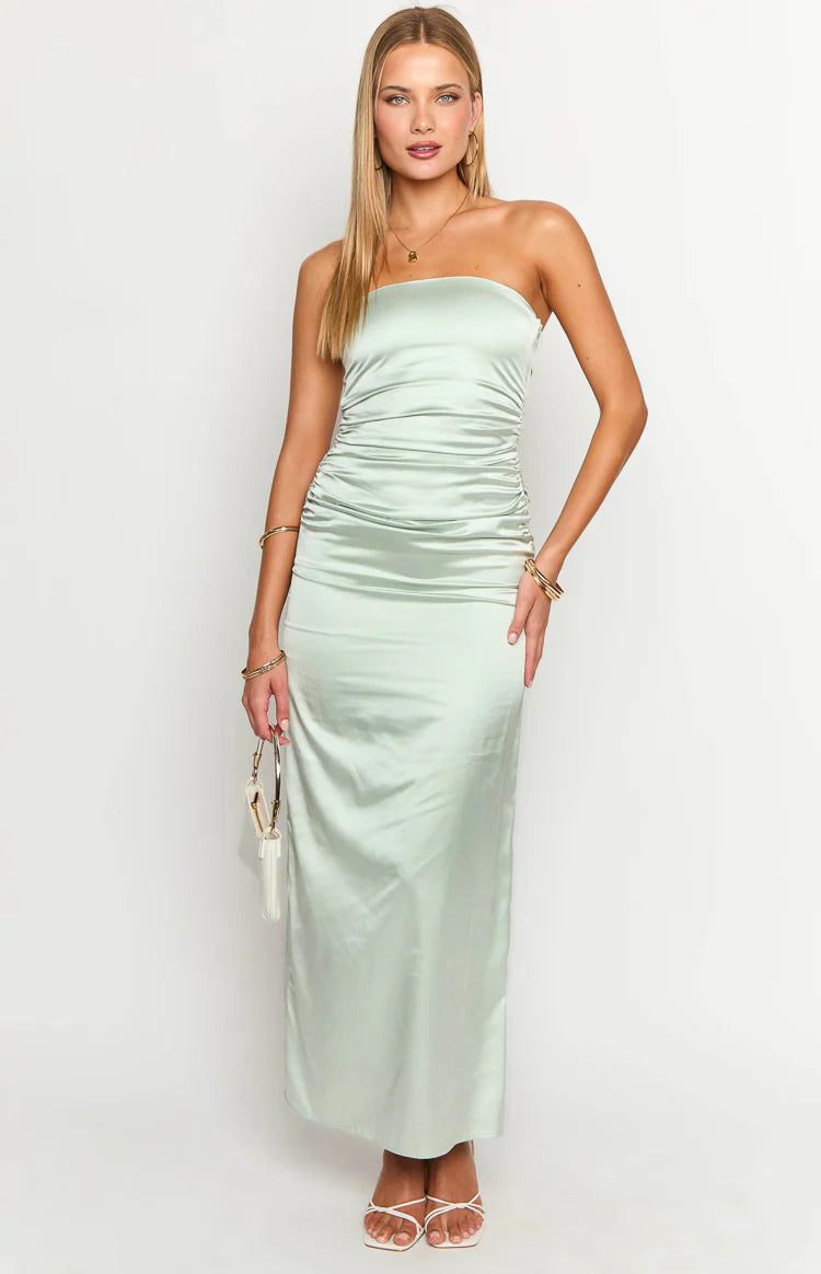 Sage Bloom Satin Strapless Maxi Dress - US 2 | Beginning Boutique Exclusive Sage Bloom Satin Strapless Maxi Dress - US 2 | Beginning Boutique Exclusive
