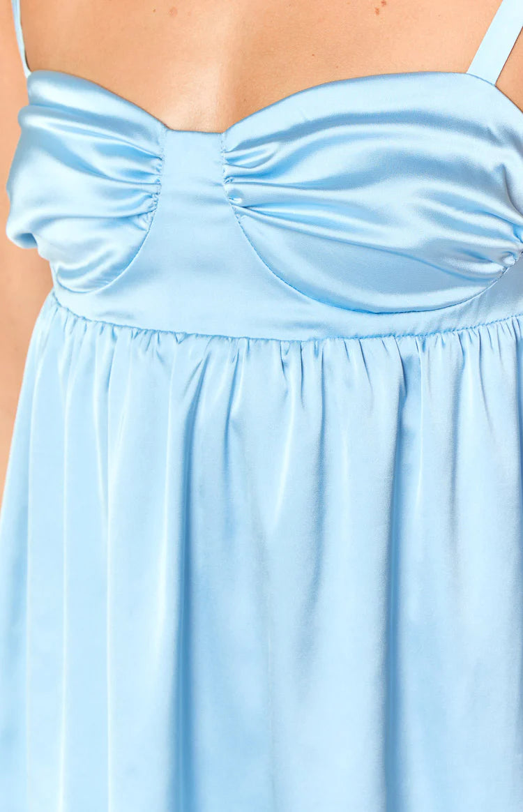 style slip satin mini dress blue Asymmetrical Sleeveless Satin V-Neck, Romee Mini Dress in Light Blue, Size S,