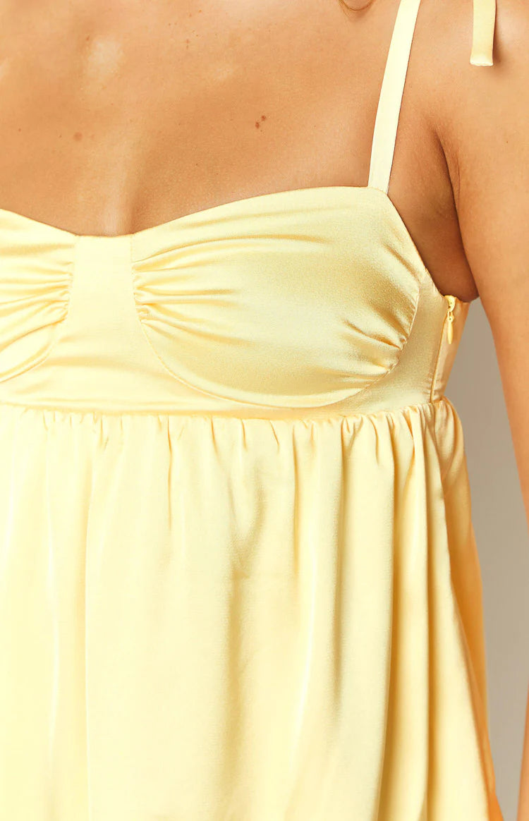 sammie yellow satin mini dress Altar'd State | Sunny Satin Mini Dress | BUTTER-YELLOW | Material: Self 97% Polyester 3% Spandex. Lining 100% Polyester