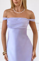 Beginning Boutique Sandie Lilac Off The Shoulder Mini Dress lilac satin off-shoulder draped neckline fitted mini dress