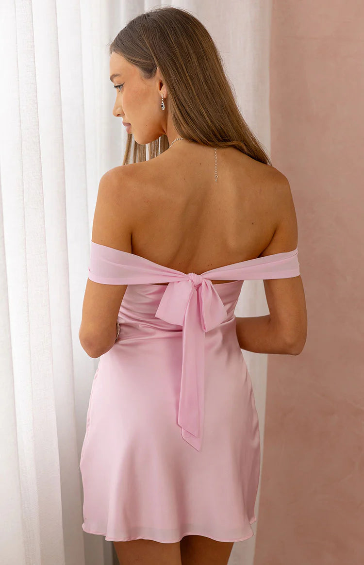 knee length dresses for ladies Senorita Off-Shoulder Lettuce Edge Detail Ruched Mini Dress Hot Pink main image 0