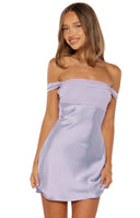 Lilac off-shoulder mini dress featuring a twisted fabric detail across the bust and a smooth fitted satin bodice