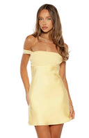 Beginning Boutique Sandie Yellow Off The Shoulder Mini Dress yellow satin off-the-shoulder mini dress with draped bandeau nec