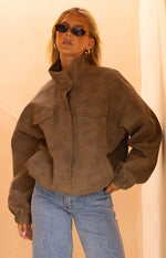 Sapna Brown Oversized Funnel Neck Suedette Jacket