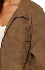 Sapna Brown Oversized Funnel Neck Suedette Jacket