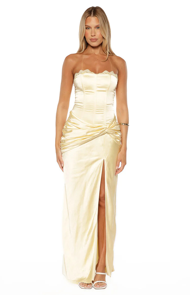 sasha ruched maxi dress Sasha Yellow Ruched Twist Satin Maxi Dress - US 8