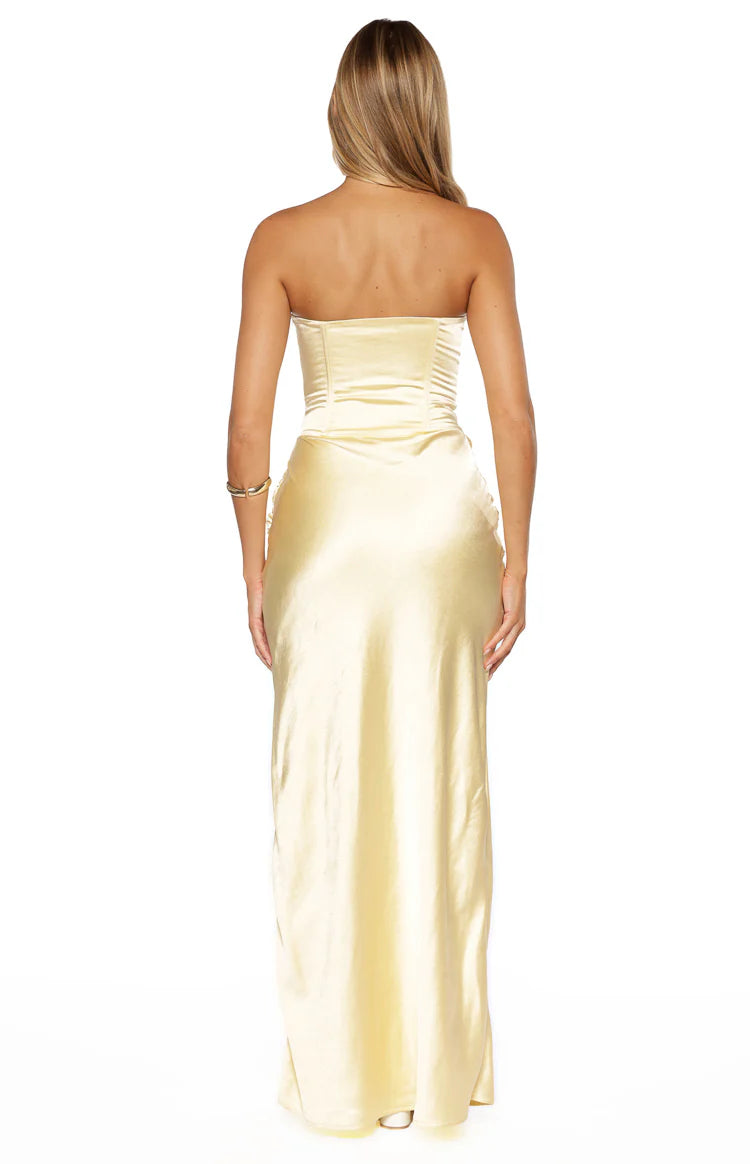 Sasha Yellow Ruched Twist Satin Maxi Dress - US 8 Sasha Yellow Ruched Twist Satin Maxi Dress - US 8