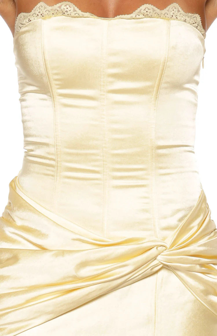 Sasha Yellow Ruched Twist Satin Maxi Dress Image