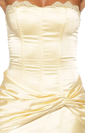 Sasha Yellow Ruched Twist Satin Maxi Dress - PRE ORDER