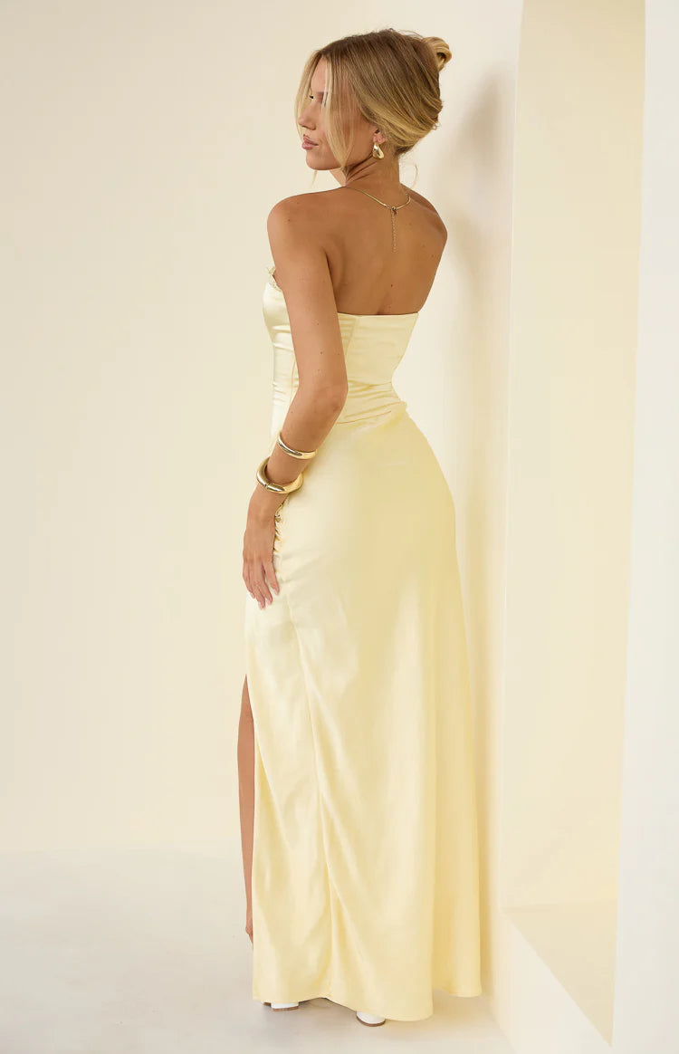 Sasha Yellow Ruched Twist Satin Maxi Dress Image