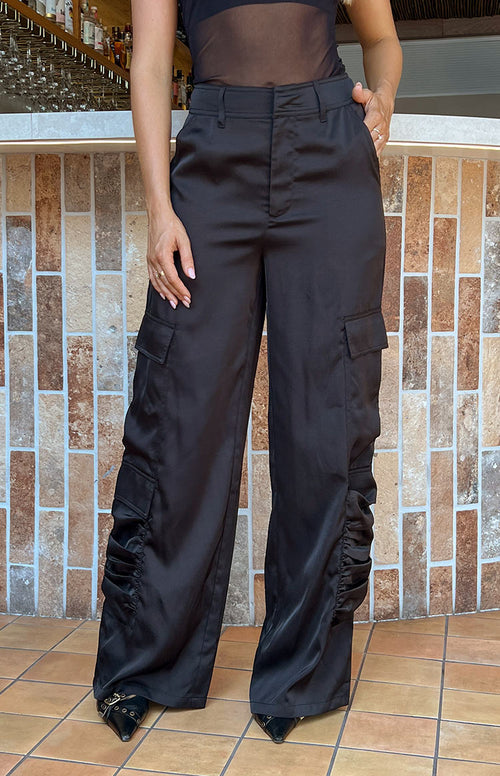 Satin Sapphire Black Cargo Pants Beginning Boutique US