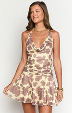 Scenes Brown Anemone Floral Print Halter Mini Dress Image