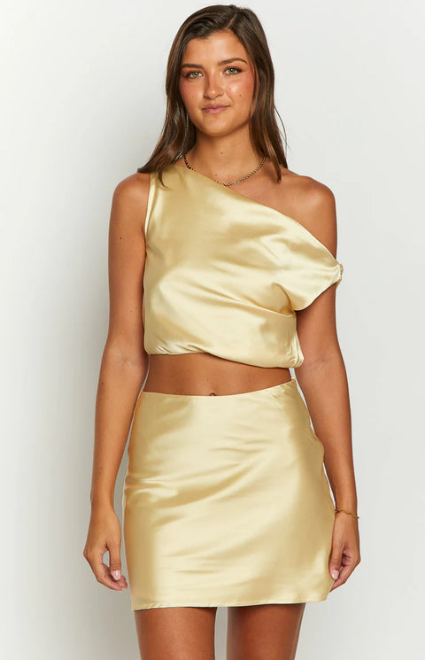 Scotlyn Yellow Satin Off The Shoulder Crop Top | Beginning Boutique US