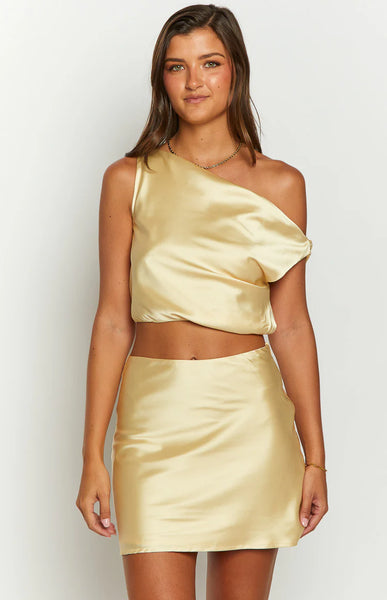 Scotlyn Yellow Satin Off The Shoulder Crop Top | Beginning Boutique US