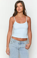 Beginning Boutique Scottie Blue Striped Singlet blue and white striped fitted singlet with thin spaghetti straps and scalloped lace trim
