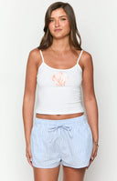 Beginning Boutique Scottie White Shell Singlet white fitted singlet with spaghetti straps and pink shell graphic