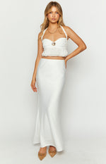 White chiffon halter neck crop top with a ruched sweetheart bust and gold seashell detail