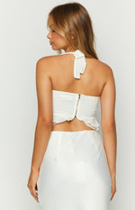 Rear view of a white chiffon crop top showing the halter neck tie, gold zipper, and ruffled hem