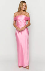Pink satin maxi dress featuring an off-the-shoulder neckline with elegant ruched detailing