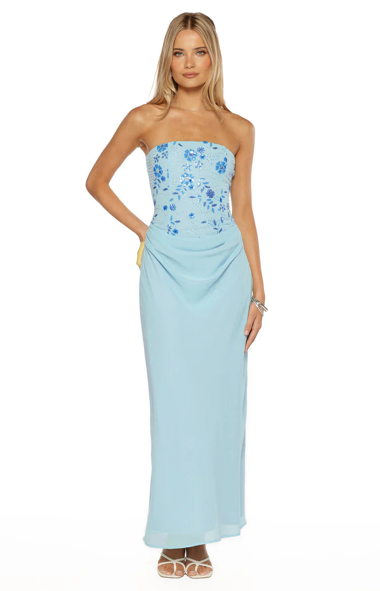 Serenity Blue Strapless Beaded Party Maxi Dress - US 14 | Beginning Boutique Exclusive Serenity Blue Strapless Beaded Party Maxi Dress - US 14 | Beginning Boutique Exclusive