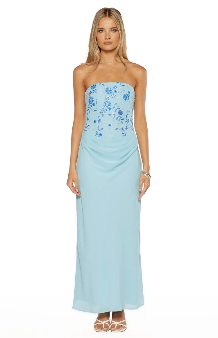 knee length dresses for ladies Gorgeous Mermaid V Neck Blue Beaded Long Prom Dress with Slit – Anniebride main image 1