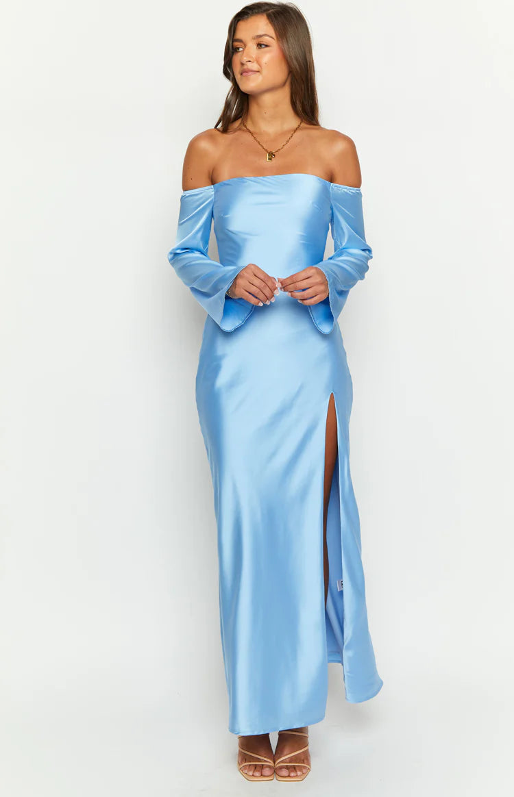 Shae Blue Satin Long Sleeve Maxi Dress - US 10 | Beginning Boutique Exclusive Shae Blue Satin Long Sleeve Maxi Dress - US 10 | Beginning Boutique Exclusive