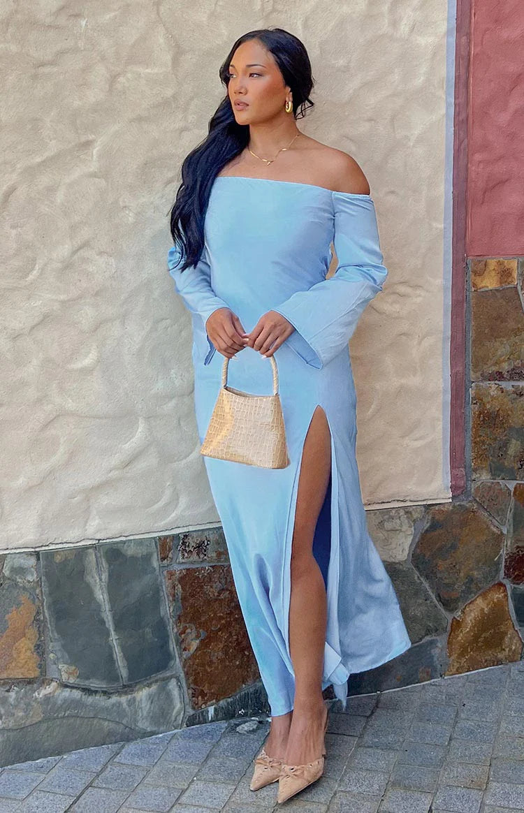 Shae Blue Satin Long Sleeve Maxi Dress - US 10 | Beginning Boutique Exclusive Shae Blue Satin Long Sleeve Maxi Dress - US 10 | Beginning Boutique Exclusive