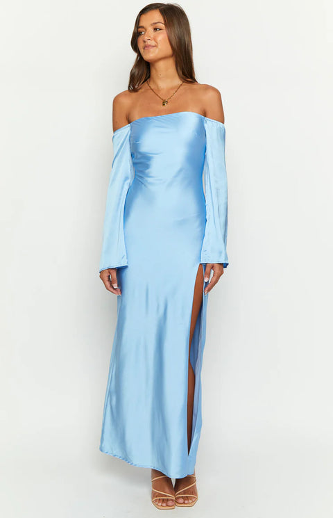 Shae Blue Satin Long Sleeve Maxi Dress - US 10
