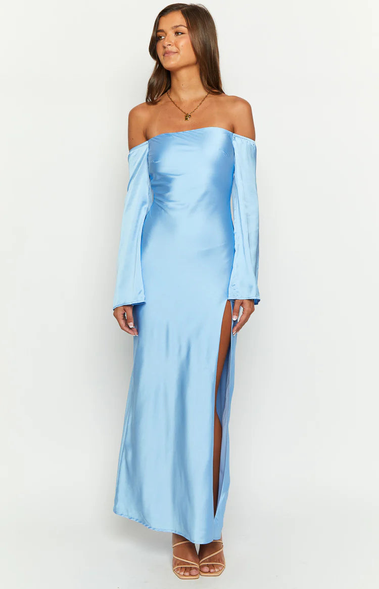 Shae Blue Satin Long Sleeve Maxi Dress - US 10