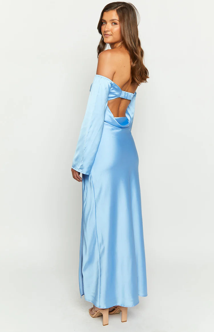 Shae Blue Satin Long Sleeve Maxi Dress | Beginning Boutique US Shae Blue Satin Long Sleeve Maxi Dress | Beginning Boutique US