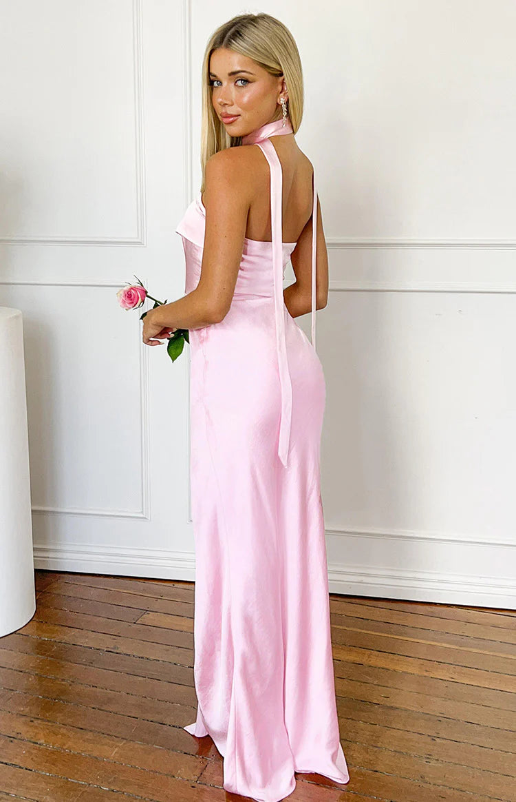 Shaelynn Pink Scarf Satin Strapless Maxi Dress - US 14 Shaelynn Pink Scarf Satin Strapless Maxi Dress - US 14