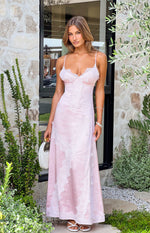 Beginning Boutique Shanae Pink Satin Lace Trim Maxi Dress pink satin V-neck maxi with white lace trim and spaghetti straps