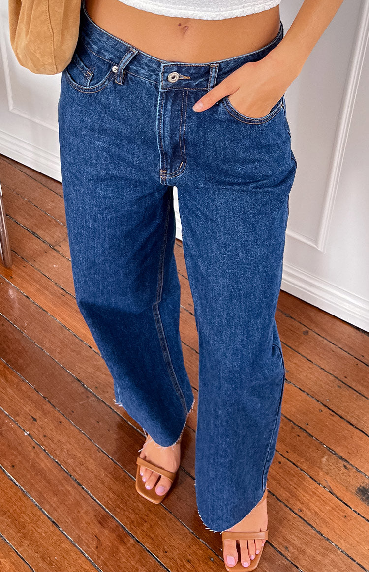 She's Yours Dark Wash Denim Wide Leg Boyfriend Jeans Image