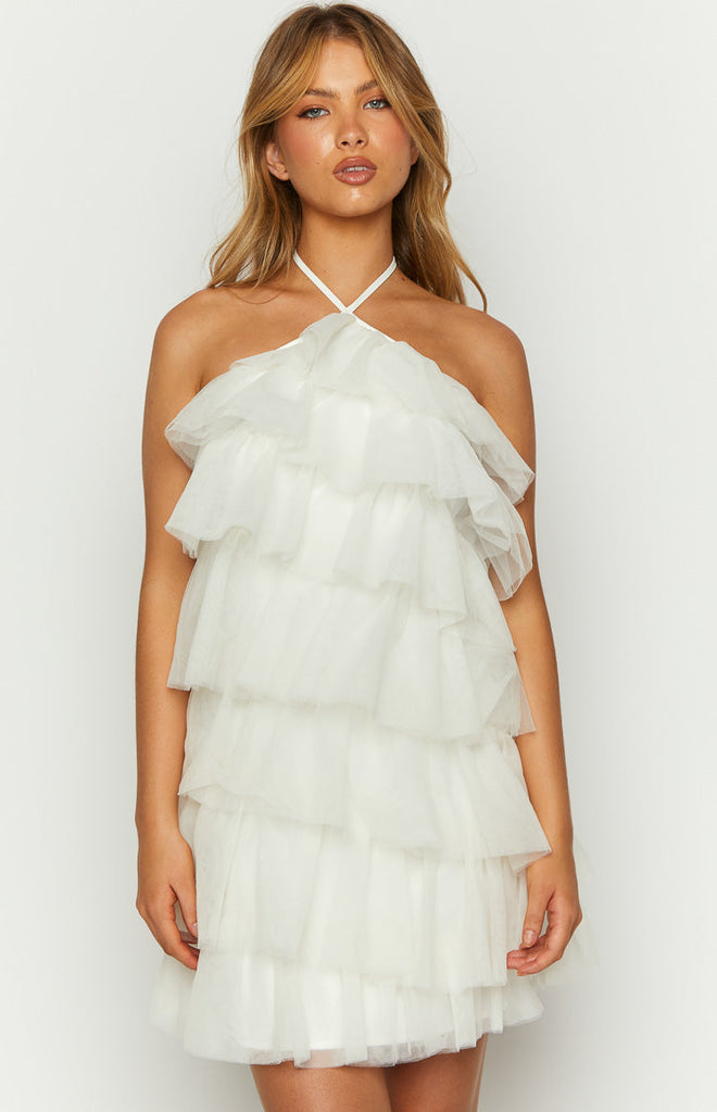 She's Here White Ruffle Mini Dress – Beginning Boutique US