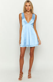 Light blue satin mini dress featuring a deep V-neck, sleeveless cut, and a flared A-line skirt