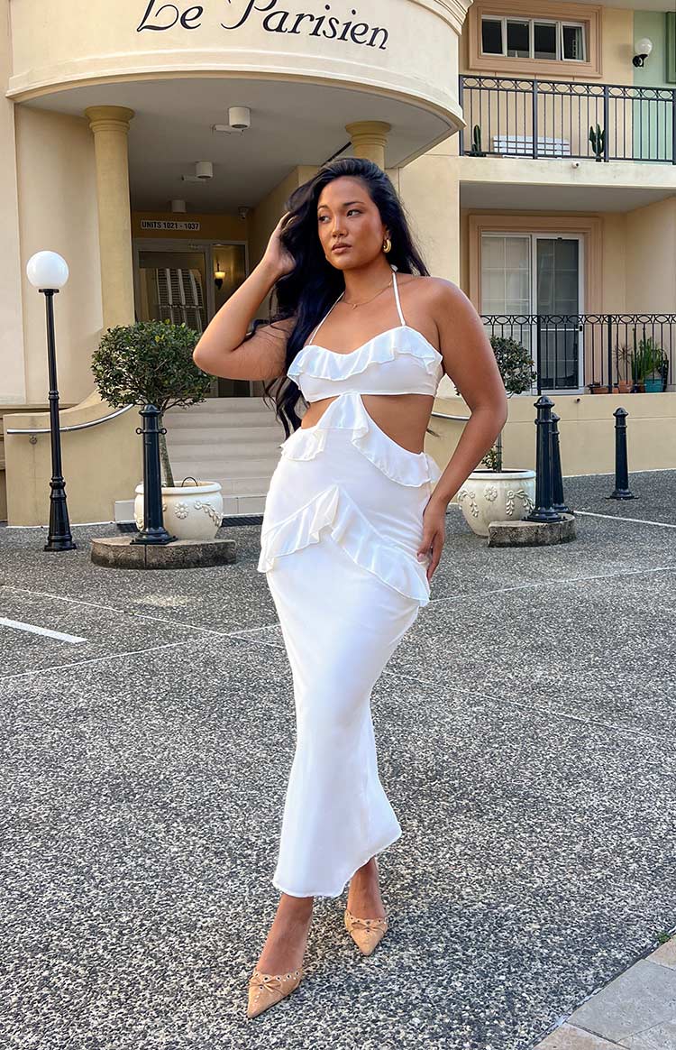 White Strapless Ruffle Maxi Dress with side cut outs under bust 