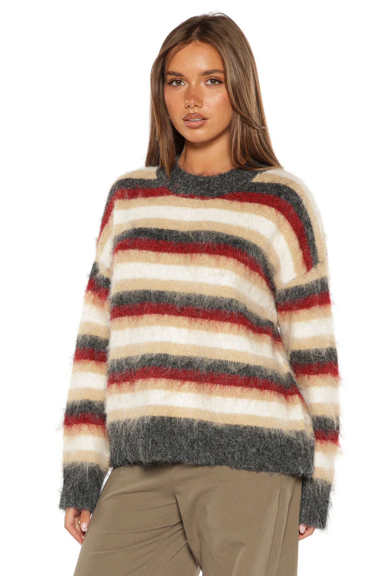 Beginning Boutique Sicily Multi Stripe Oversized Sweater multi stripe fluffy knit high crew neck oversized sweater